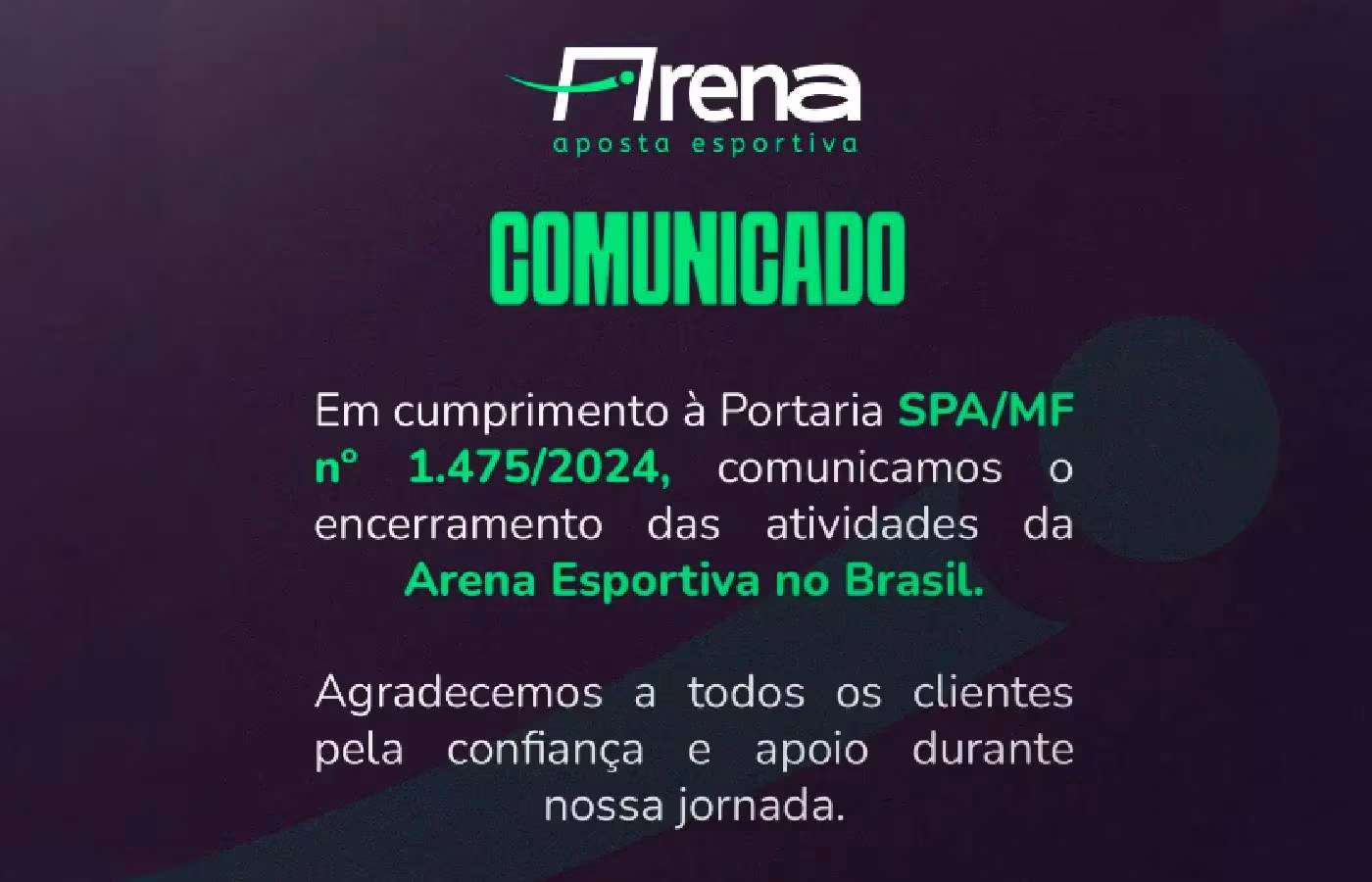 Casa de apostas Arena Esportiva anuncia encerramento das atividades no Brasil 