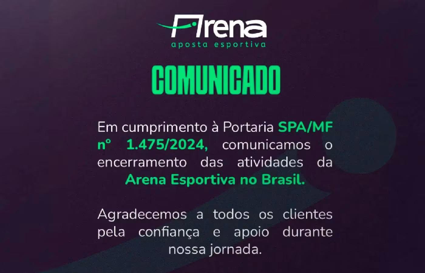 Casa de apostas Arena Esportiva anuncia encerramento das atividades no Brasil 