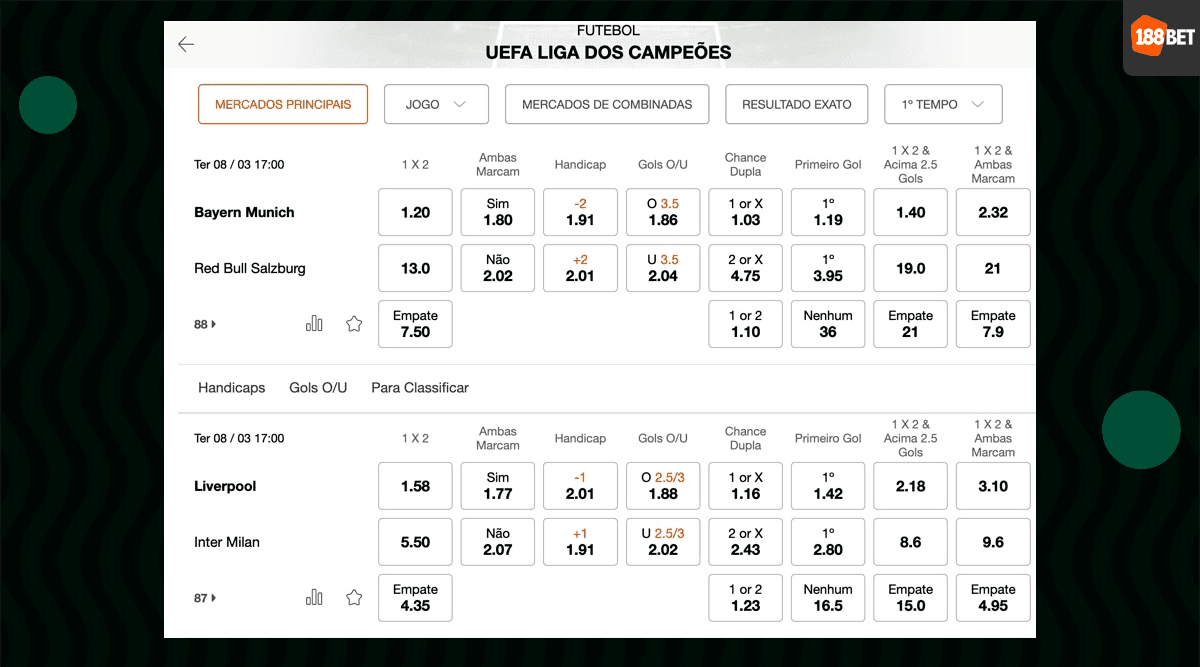 odds 188bet liga dos campeoes