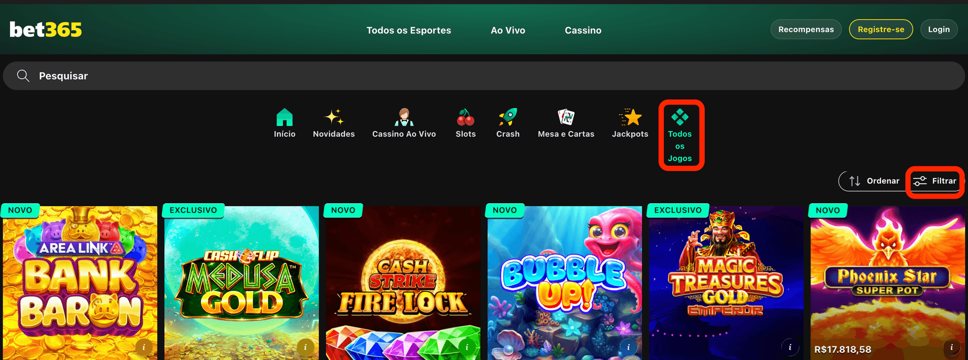 filtrar jogos cassino