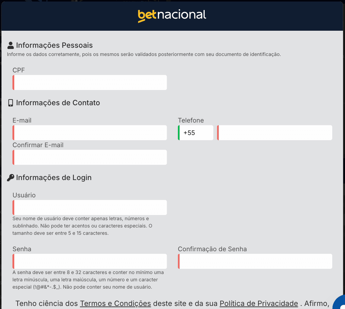 como criar conta na betnacional