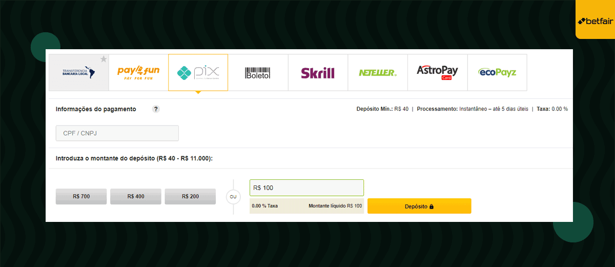 metodos de deposito betfair