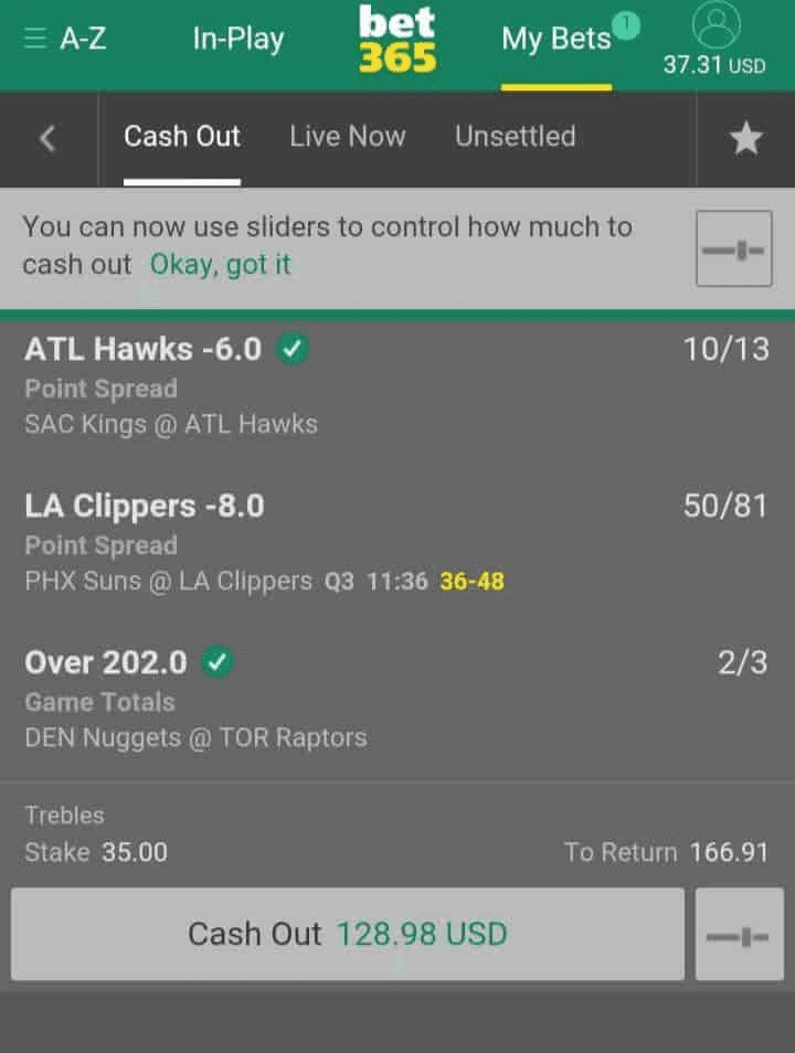 odds bet365 cash out