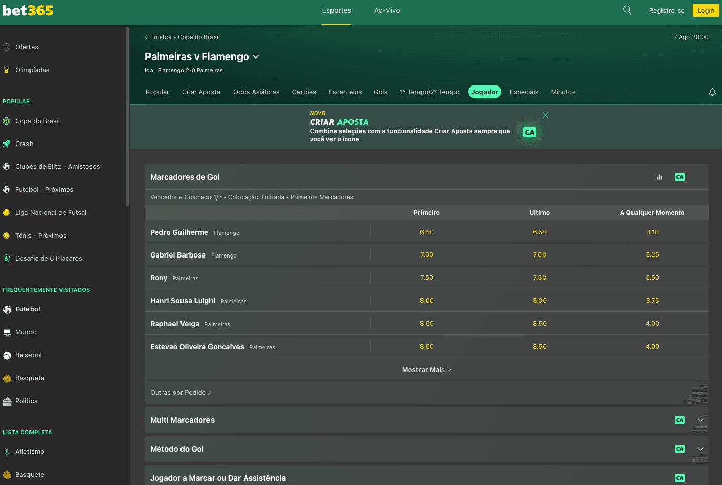 Captura de tela do site da Bet365 na página do jogo Palmeiras x Flamengo com mercados de apostas em jogador para marcar