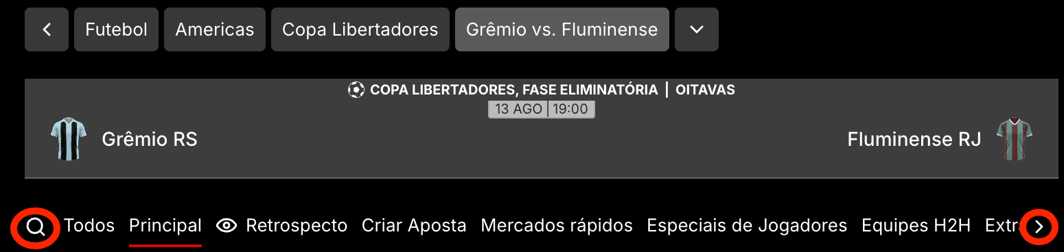 Printscreen da página do jogo Grêmio x Fluminense pela Copa Libertadores da América no site da KTO