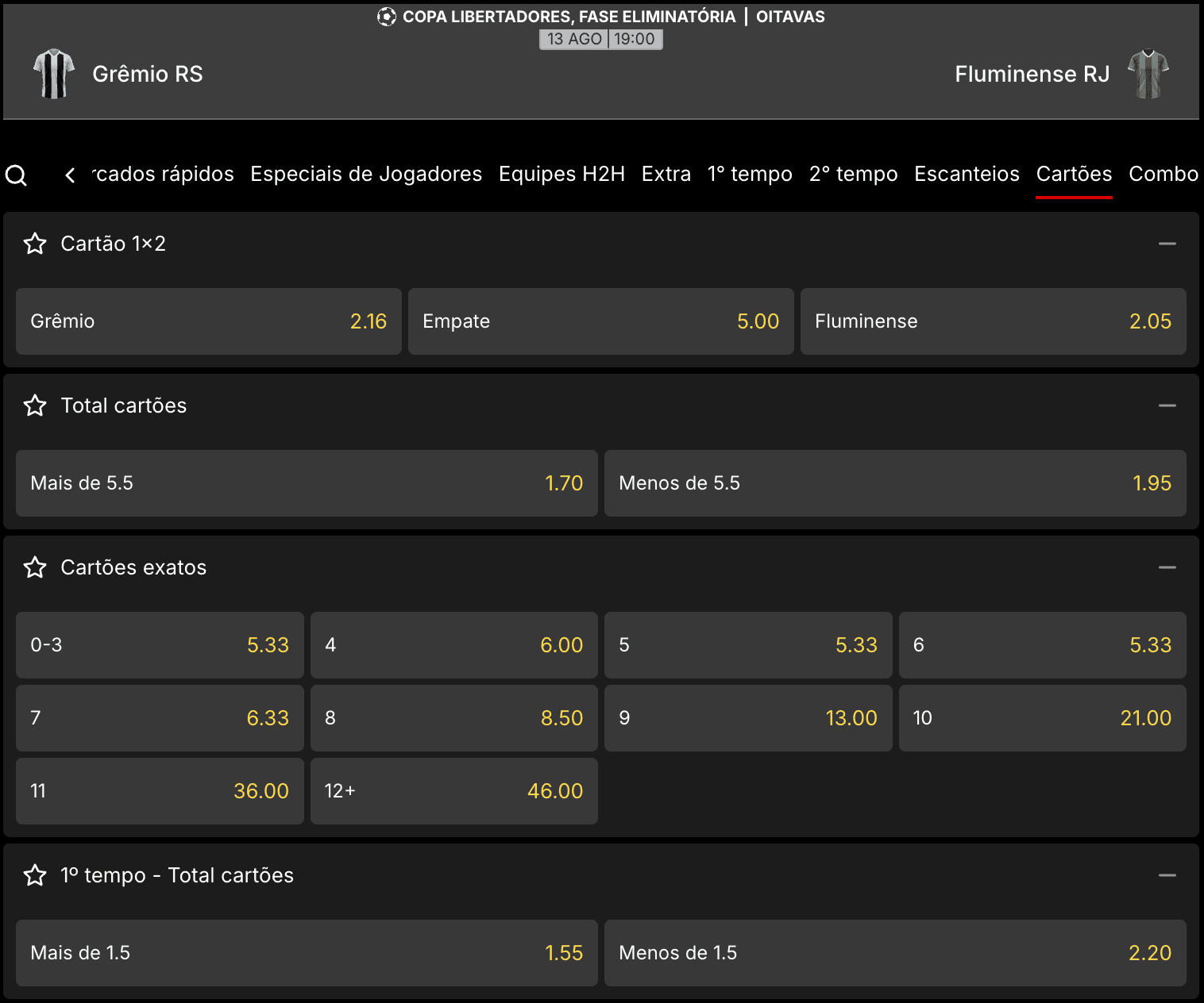 Printscreen do mercado de cartões na página do jogo Grêmio x Fluminense pela Copa Libertadores da América no site da KTO