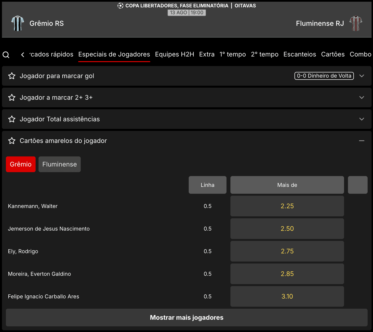 Printscreen do mercado Especiais do Jogador - Cartões amarelos do jogador na página do jogo Grêmio x Fluminense pela Copa Libertadores da América no site da KTO