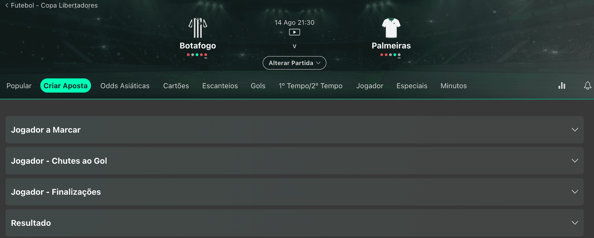 Captura de tela do site da casa de apostas Bet365 na página de mercados para o jogo de futebol Botafogo x Palmeiras pela Copa Libertadores da América