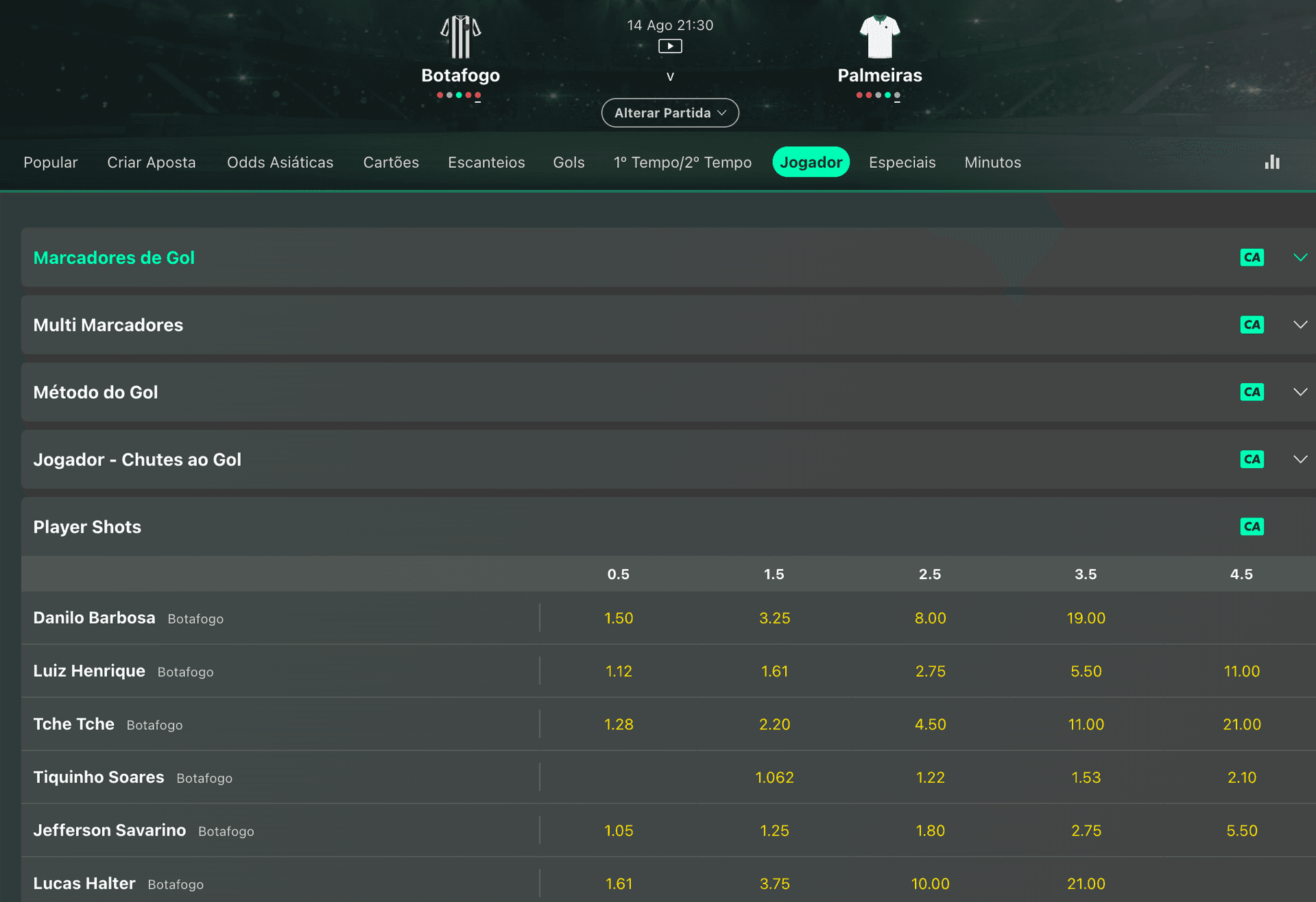 Captura de tela do site da casa de apostas Bet365 na página de mercados para o jogo de futebol Botafogo x Palmeiras pela Copa Libertadores da América