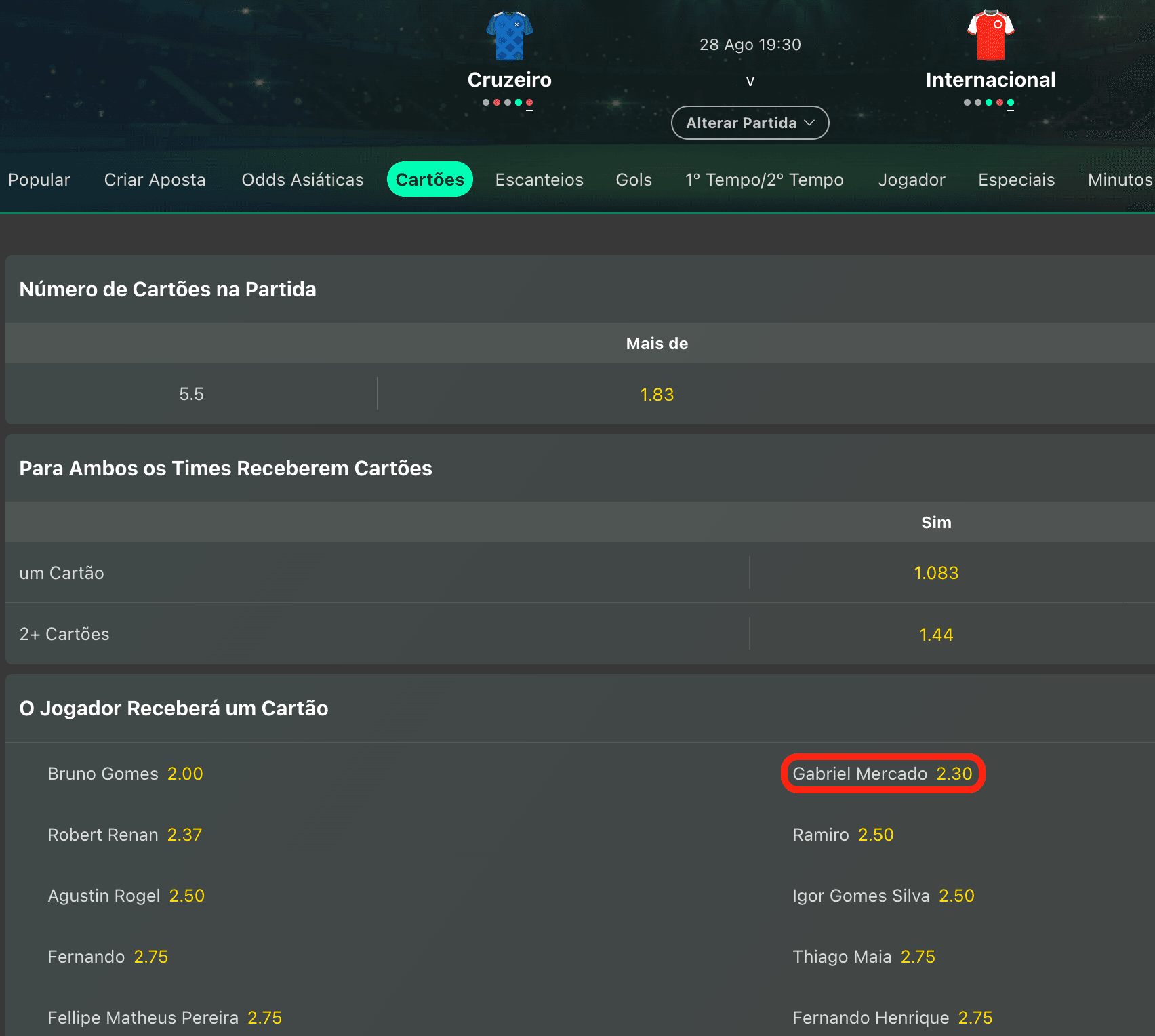 printscreen bet365 cartoes amarelos cruzeiro x internacional