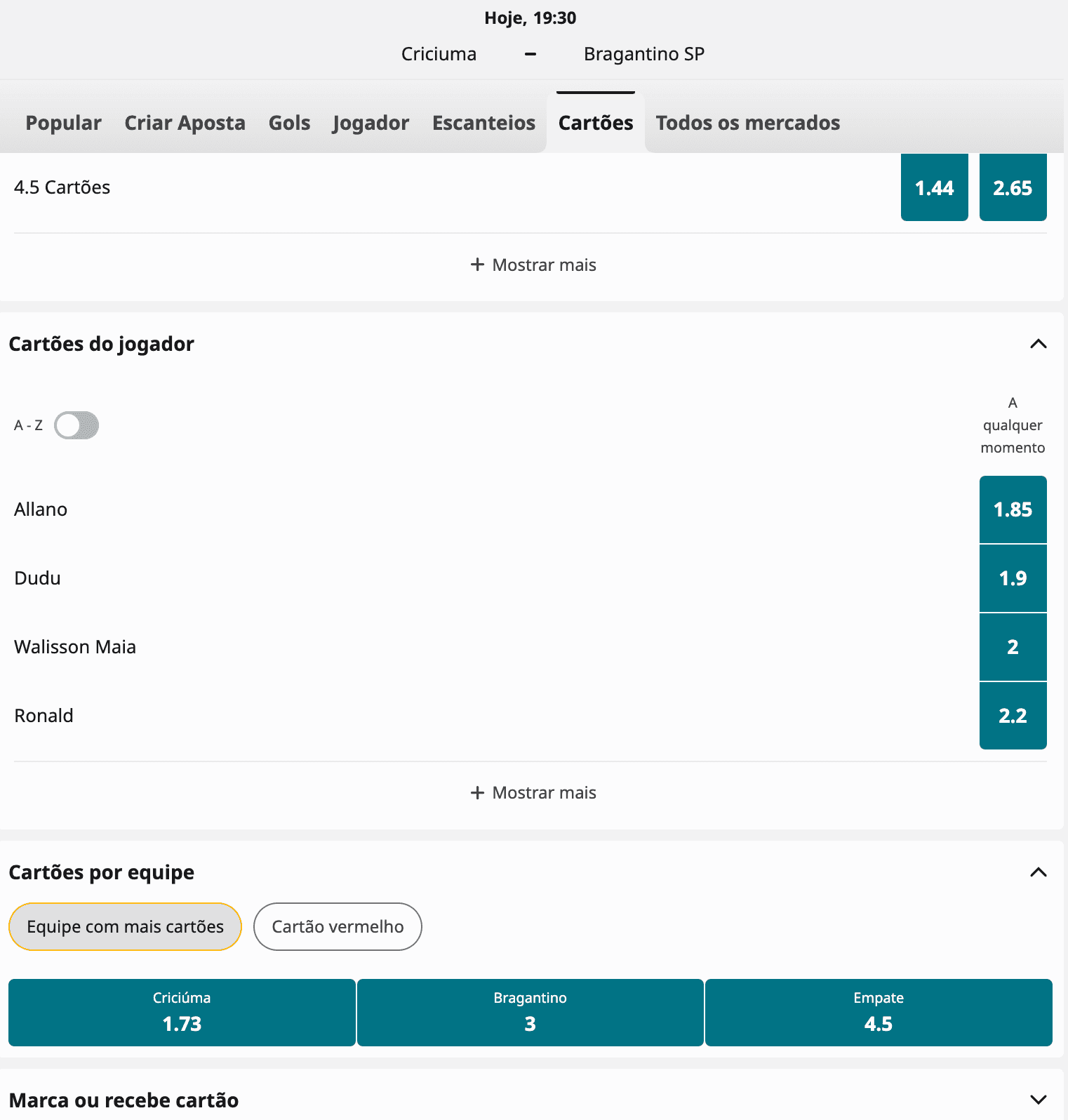 printscreen betfair mercados cartoes futebol