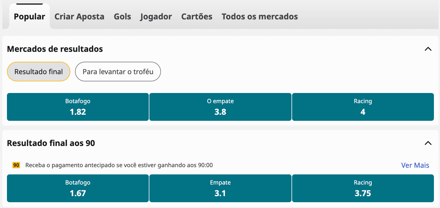 apostar botafogo racing recopa sul americana
