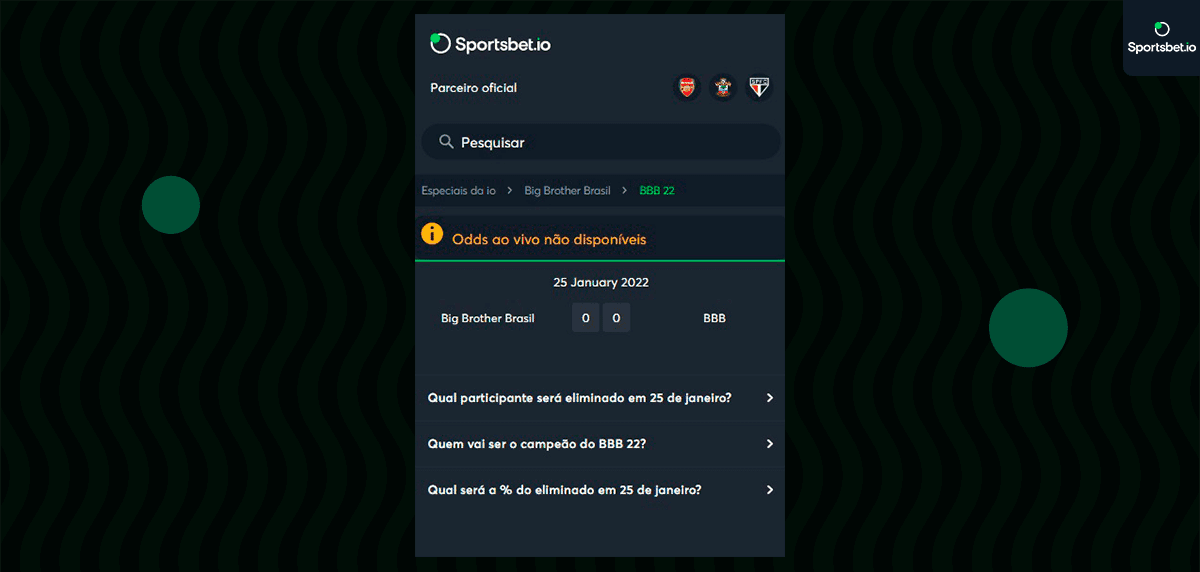 odds ao vivo não disponiveis paredao bbb sportsbet