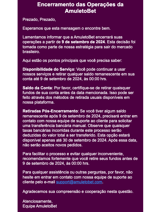 Comunicado em texto da Amuleto Bet sobre o encerramento das operações no Brasil em setembro de 2024