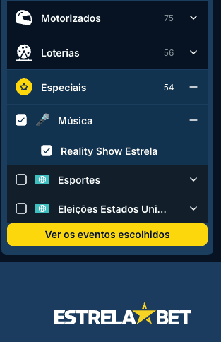 Captura de tela do site da Estrela Bet com apostas especiais em música e no reality show Estrela da Casa