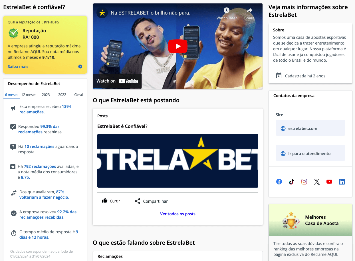 Captura de tela do site Reclame Aqui mostrando o perfil da Estrela Bet