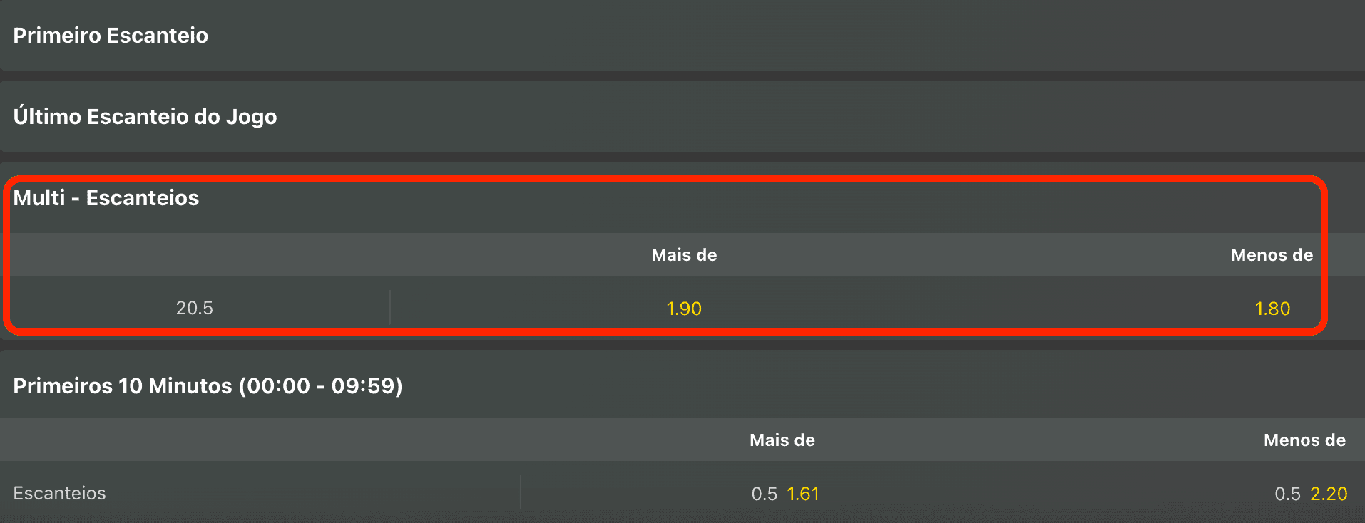 captura de tela da plataforma bet365 para aposta em multi escanteios
